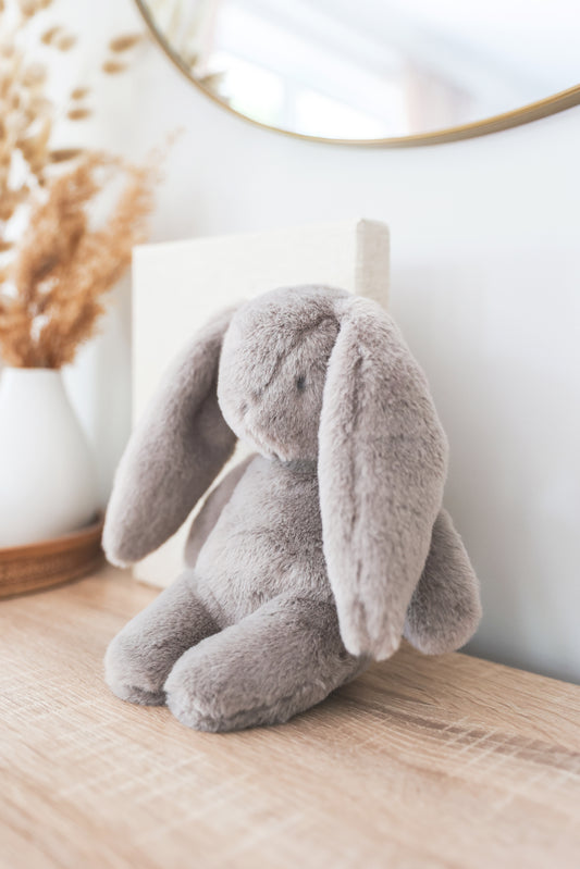 Darcey plush baby bunny 27cm in grey, soft and cuddly, perfect companion for infants, with pellets in feet.