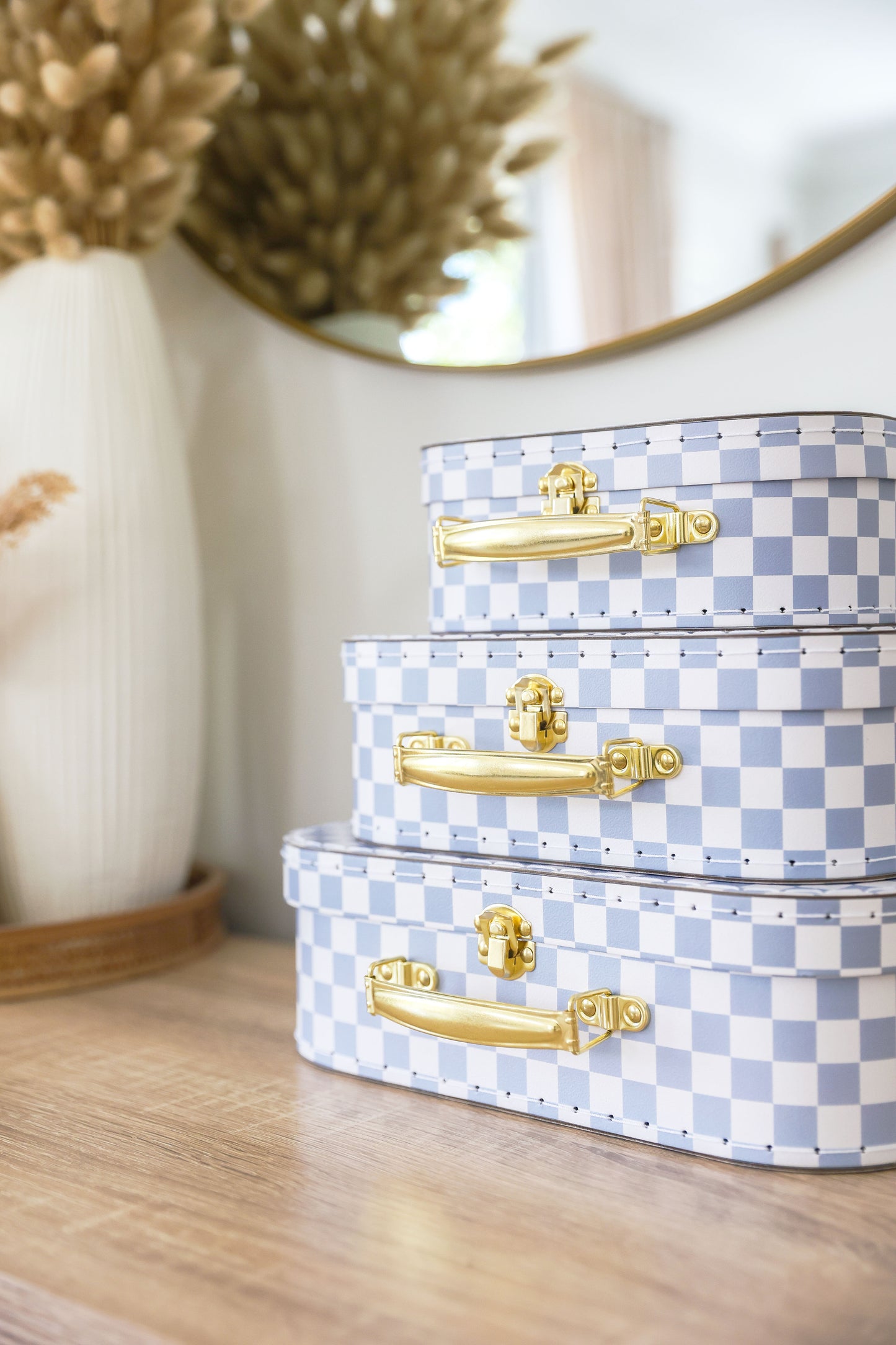Kids Carry Case Set in Blue Check pattern with gold handles, perfect for stylish storage solutions.