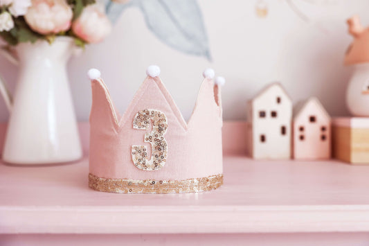 3rd birthday crown in pink linen with gold sequins, perfect for celebrating your little one's special day.