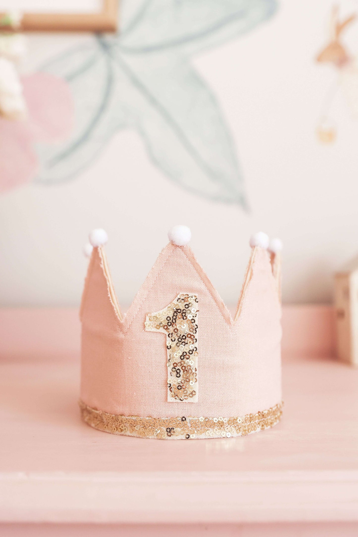 Adorable pink 1st birthday crown with sequins and felt, perfect for celebrating your little one's milestone.