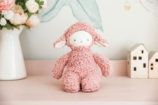 Leni Lamby 30cm plush lamb toy, soft ivory sherpa fabric, perfect for cuddles and adventures, suitable from birth.