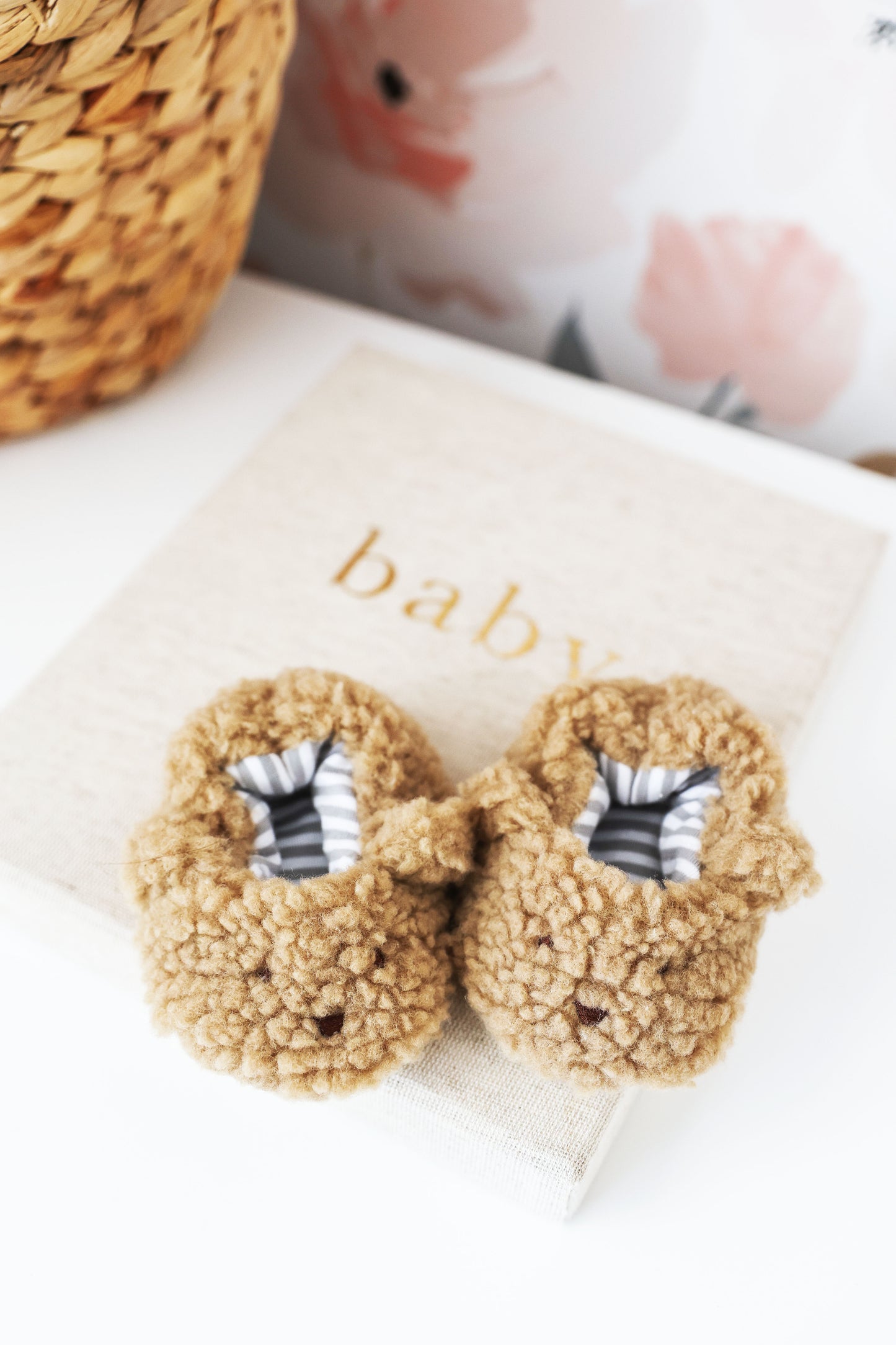 Caramel sherpa bear booties for infants, soft grip sole, perfect for 0-6 months, machine washable.