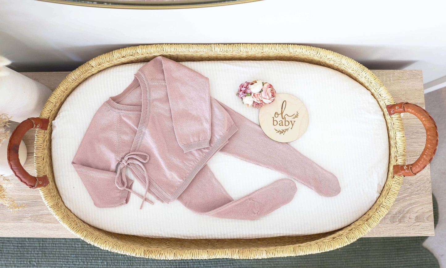 Alimrose Baby Lounge Set Petal 0-3mths in a cozy basket, featuring a soft pink kimono jacket and footed leggings.