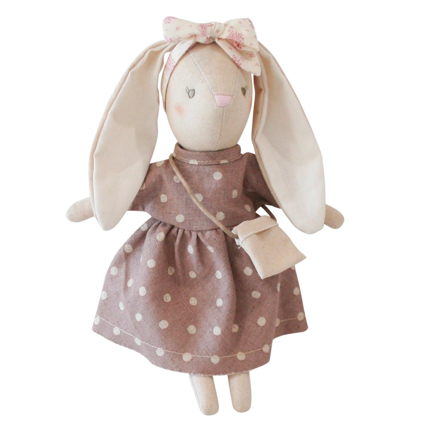 Alimrose Mini Sofia Bunny 27cm in mauve dress with headband and cross-body bag, perfect for kids.