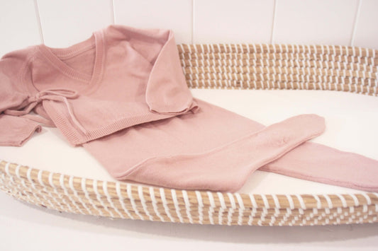 Alimrose Baby Lounge Set in petal pink, featuring a cozy kimono jacket and footed leggings, perfect for newborns.