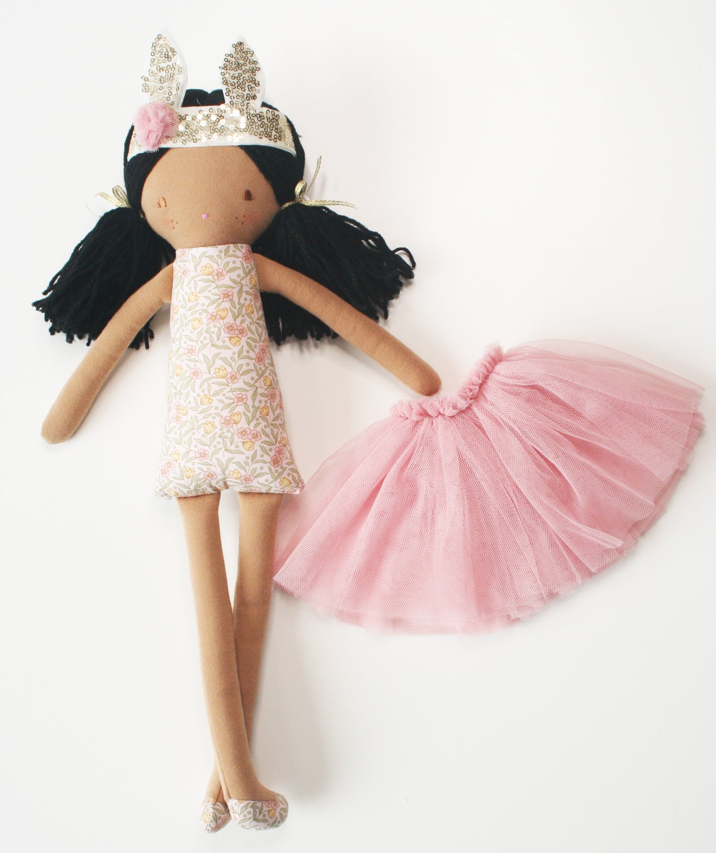 Sienna Doll 50cm with black yarn hair, sequin bunny crown, and removable pink tulle tutu dress, suitable for 3yrs and up.