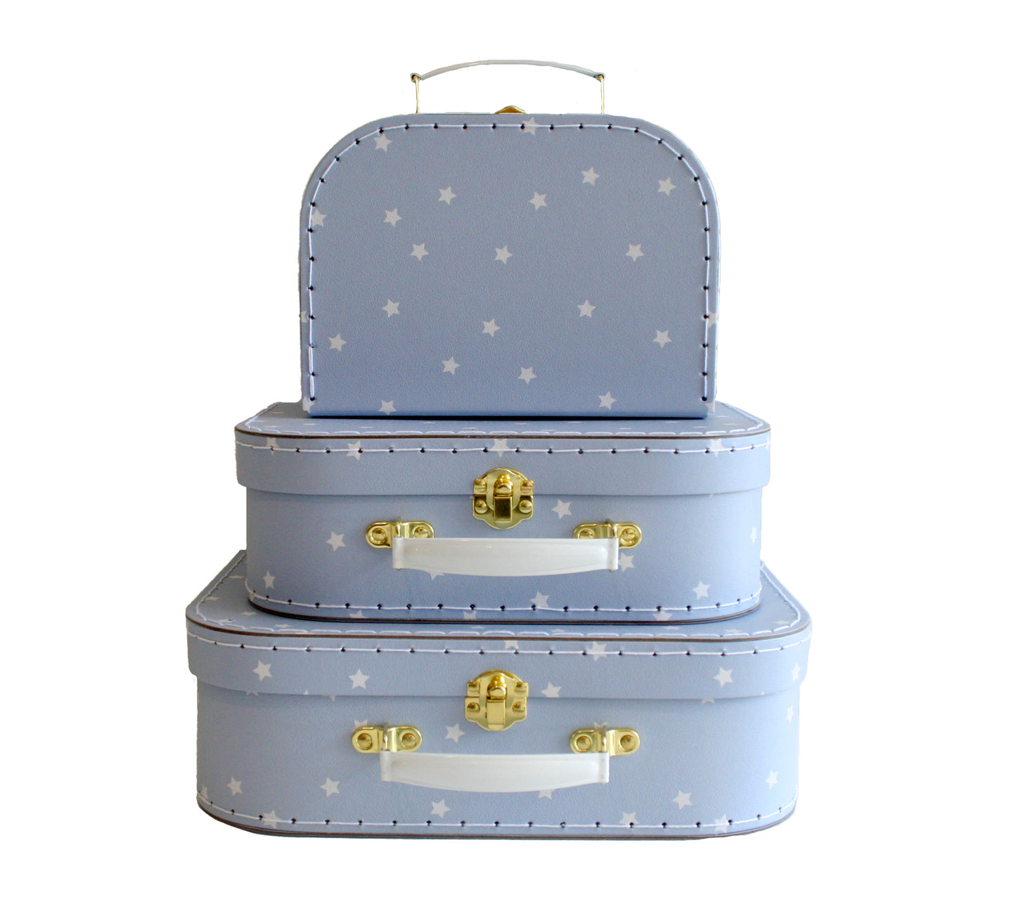 Kids Carry Case Set in Blue Stars design with three nested cases for stylish storage and easy handling.