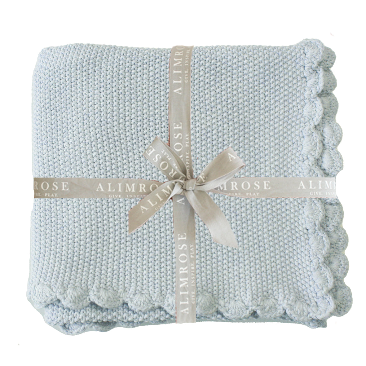 Soft powder blue knit mini moss stitch baby blanket with scallop edge, 100cm x 80cm, perfect for newborns.