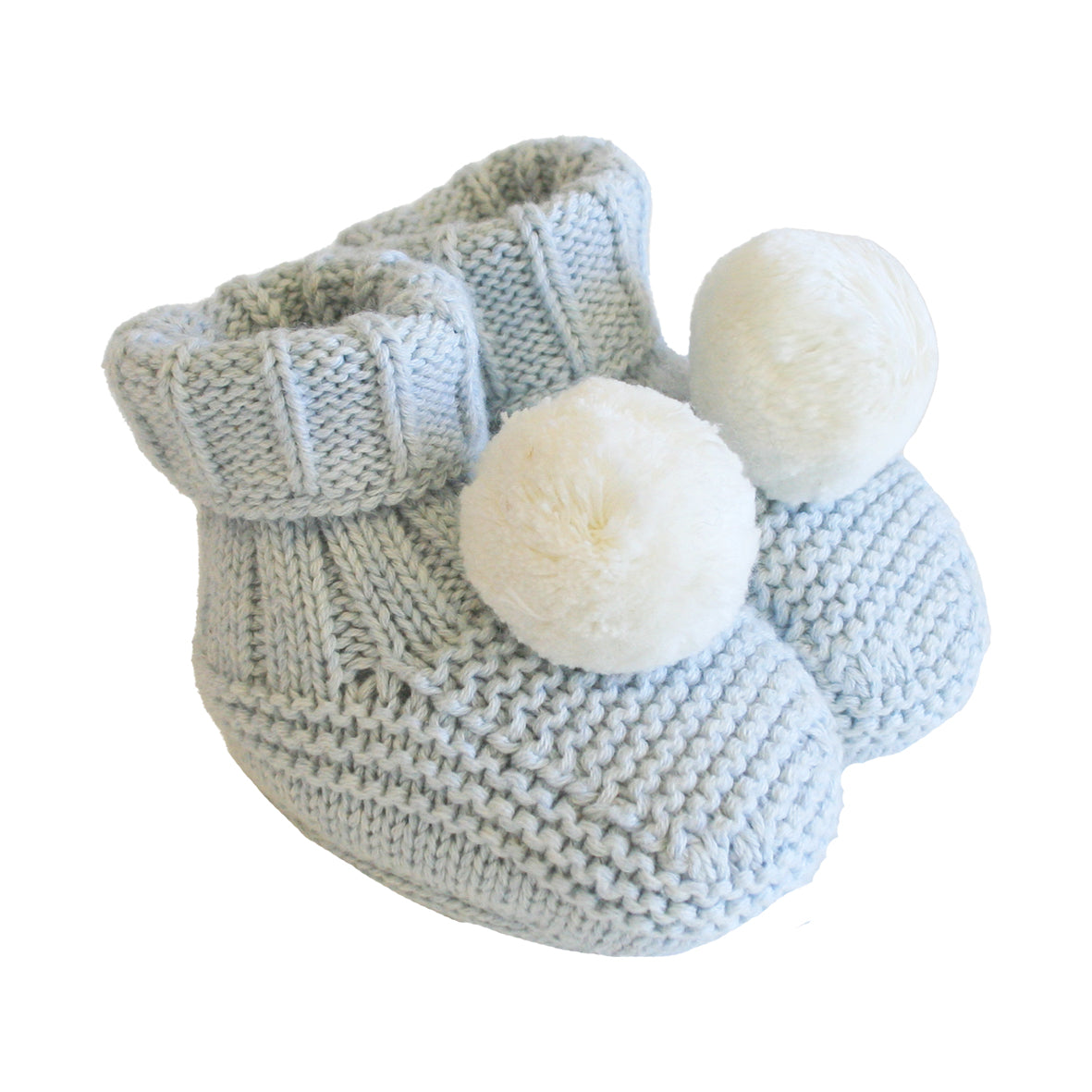Cute powder blue cotton knit baby socks with soft white pom poms, designed for infants aged 0-6 months.