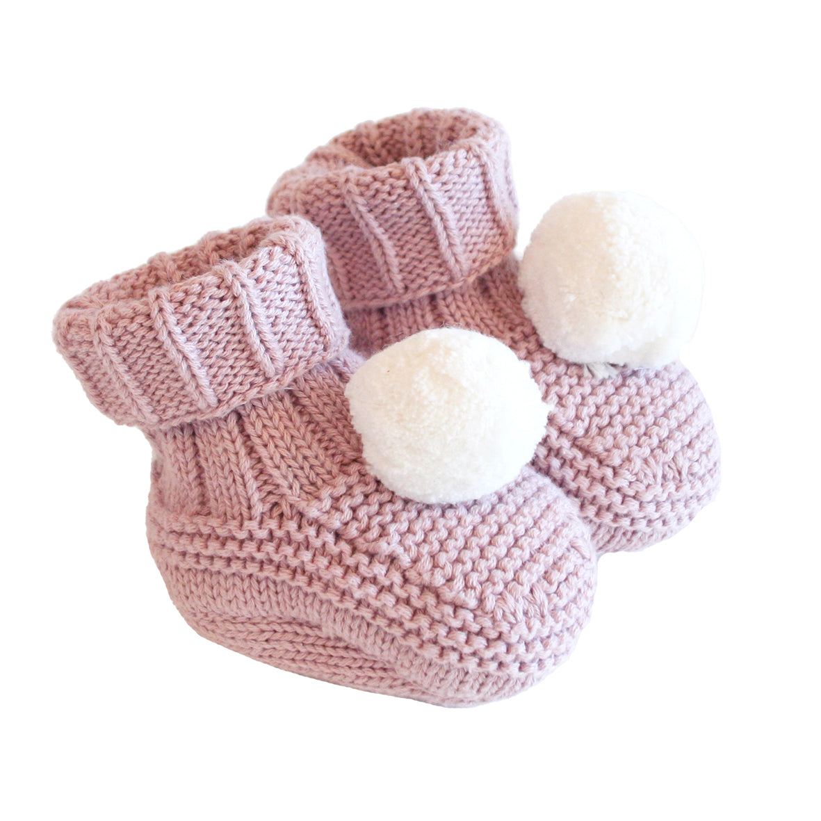 Cute pink cotton knit baby socks with white pom poms, perfect for infants 0-6 months.
