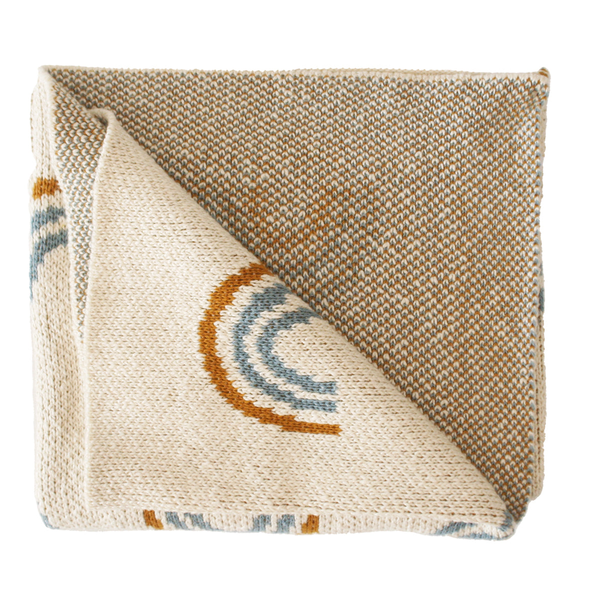 Rainbow baby blanket in blue and brown knit, 100% cotton, 100cm x 80cm, cozy, machine washable.