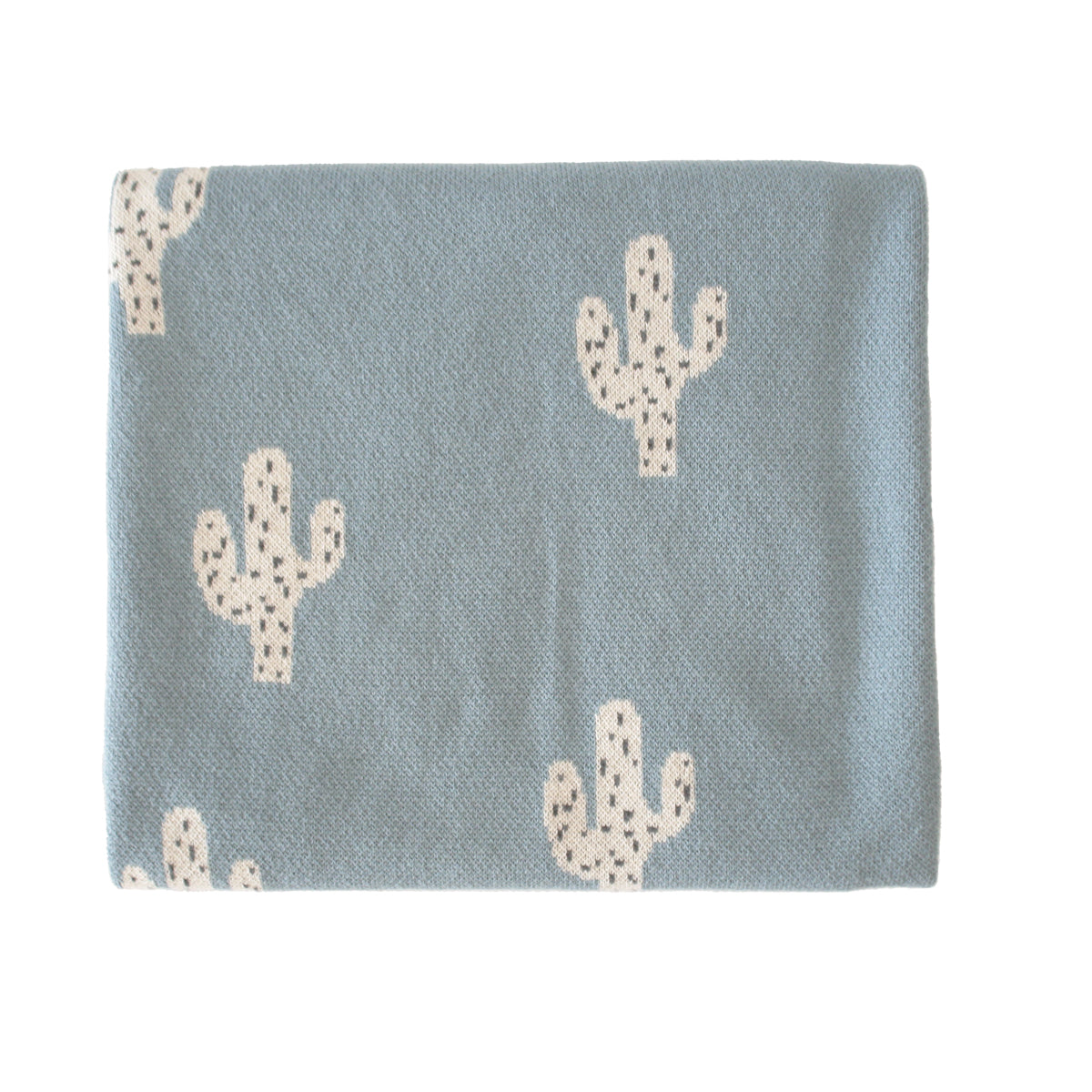 Lightweight 100% cotton blue baby blanket featuring adorable cactus design, perfect for infants.