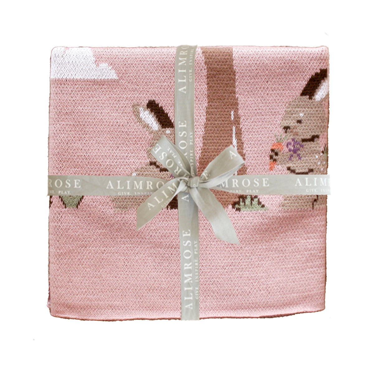 Bunnies Day Out Baby Blanket in Petal Pink, lightweight 100% cotton knit with bunnies design, perfect for infants.