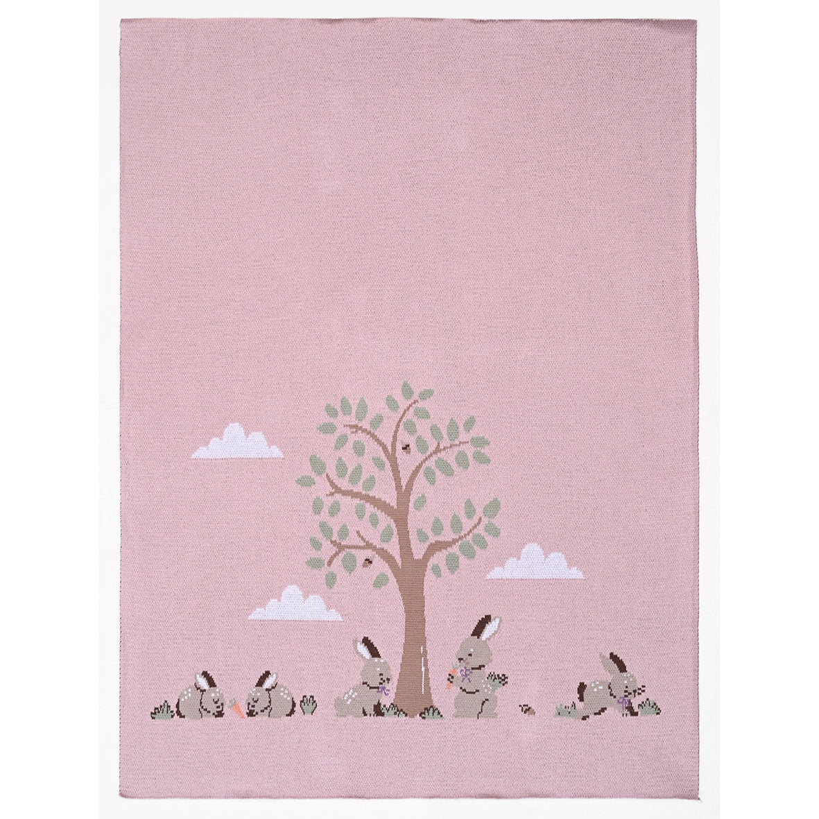 Bunnies Day Out Baby Blanket in Petal Pink featuring playful rabbits and a tree design, 100% cotton and machine washable.