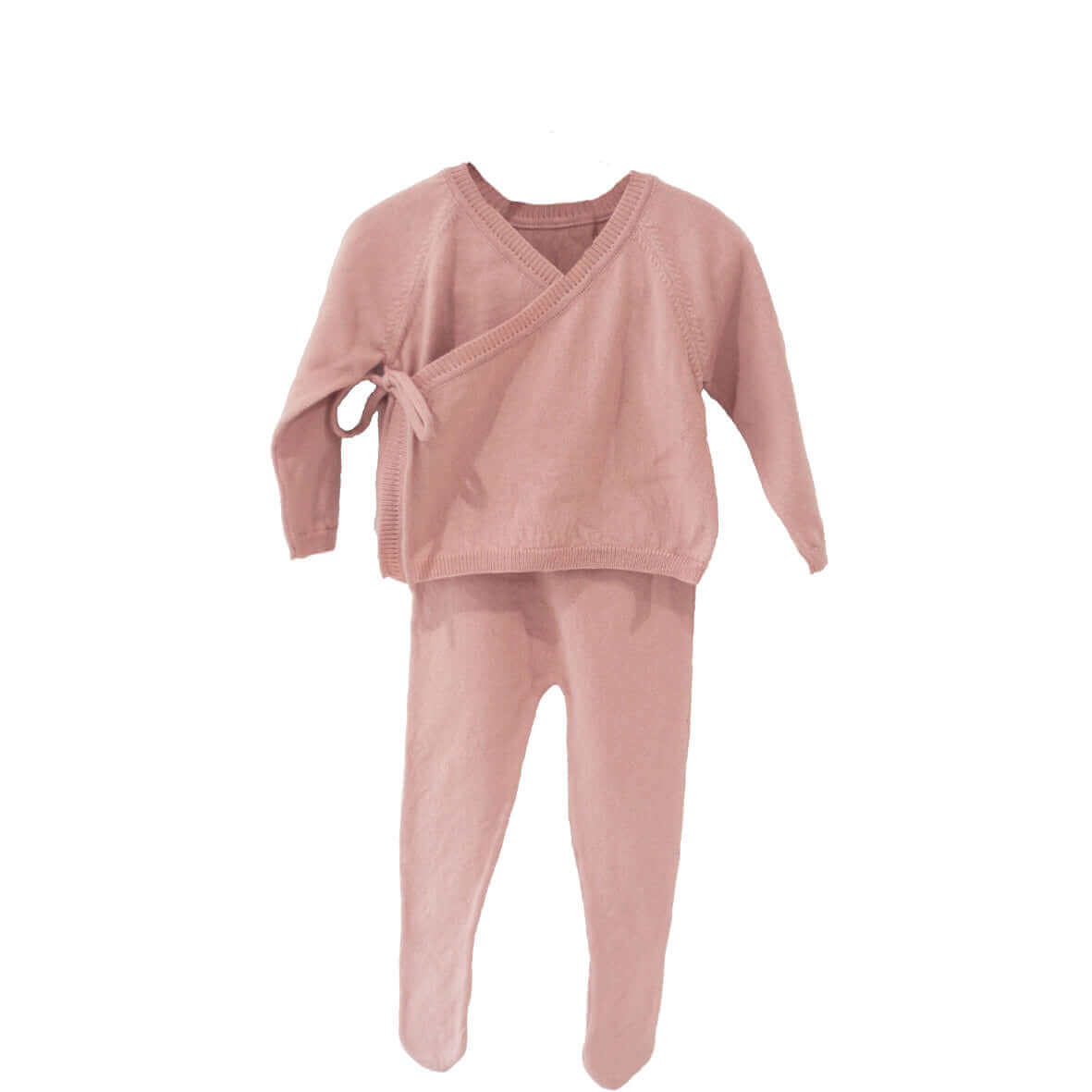 Alimrose Baby Lounge Set in petal pink, featuring a soft kimono jacket and footed leggings for babies 0-3 months.