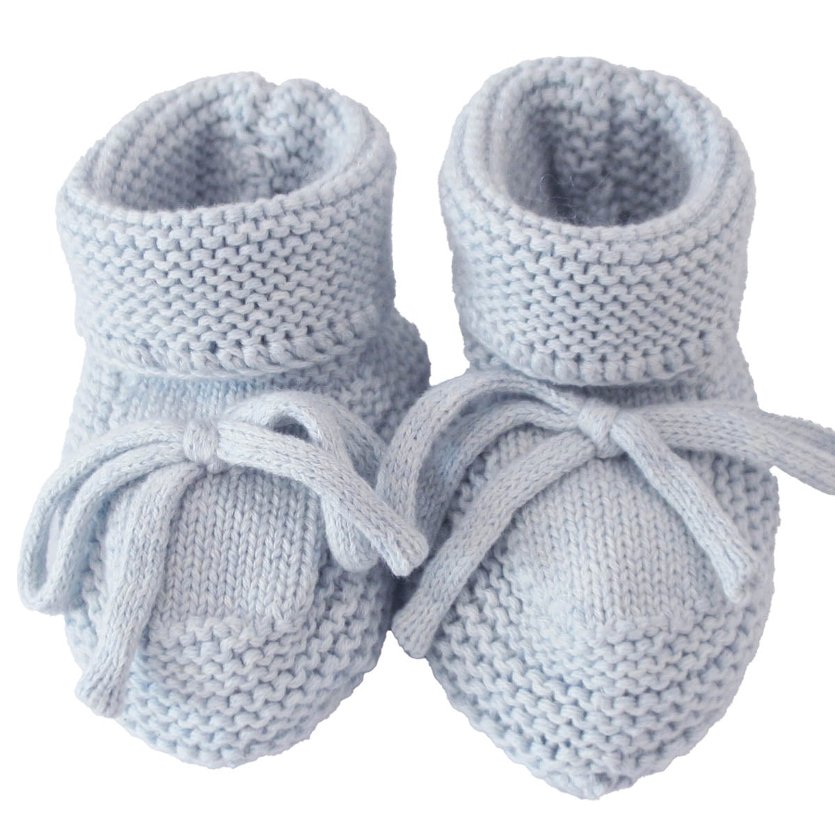 Light blue knitted baby booties with folded cuffs and tied front bows, sized 0-6 months.