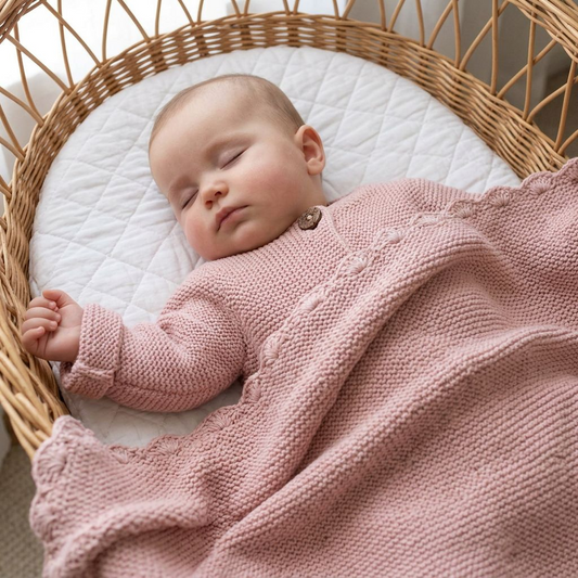 Soft pink knitted baby jacket with delicate petal edge, worn by sleeping infant.