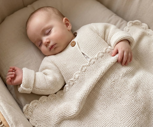 Cream knit baby jacket with wooden button and ruffled hem, soft textured fabric.