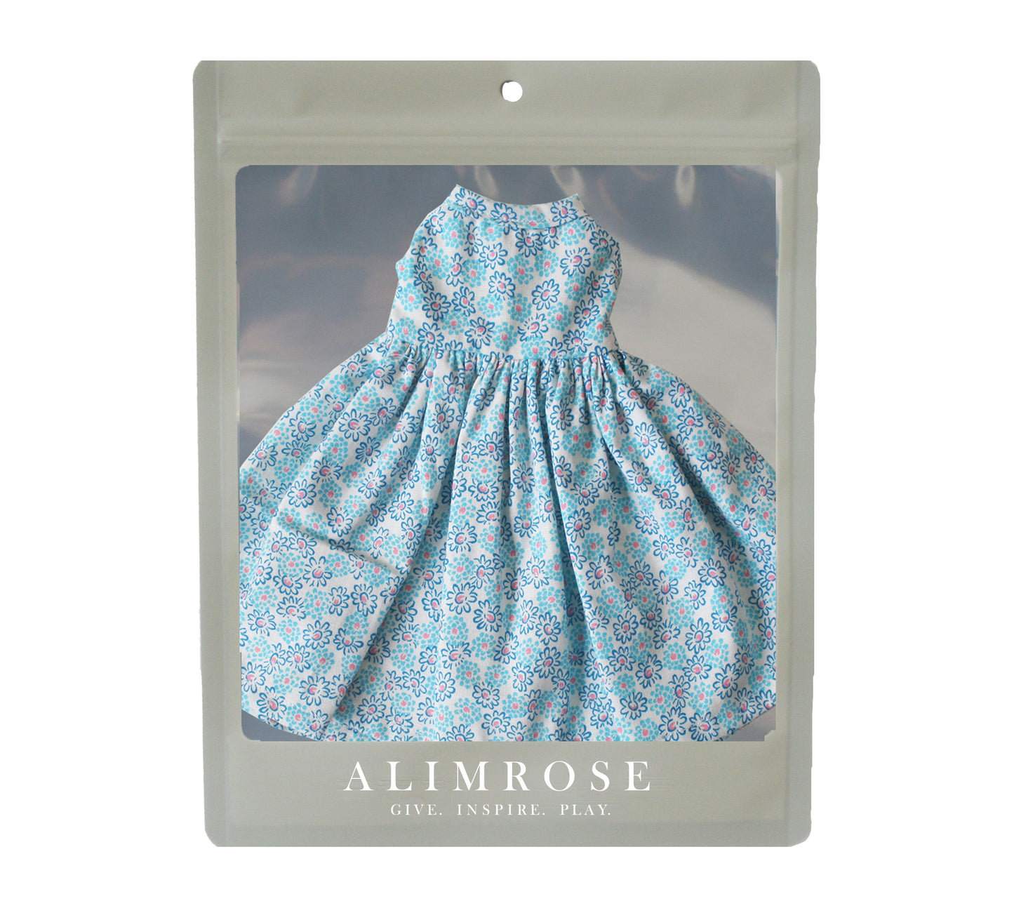 Large blue floral dress for dolls 40-45cm, made of cotton, easy Velcro closure, suitable for children 3+, encourages imaginative play.