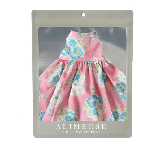 Large doll dress in blue and pink daisy pattern, perfect for 40-45cm dolls, made of cotton with Velcro back.