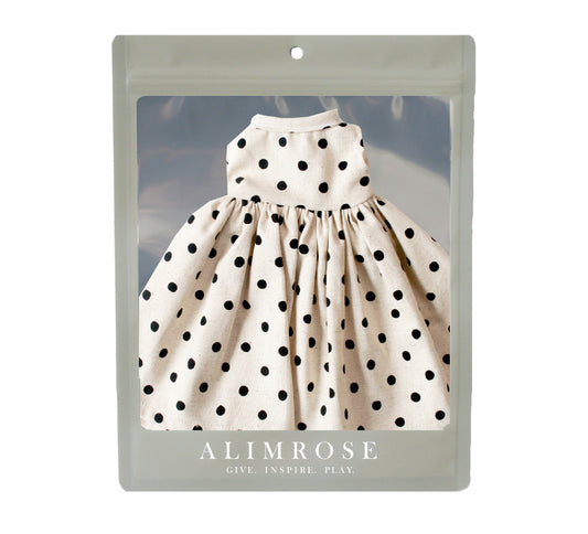 Large doll dress in black linen with white spots, perfect for 40-45cm Dress Up Dolls.