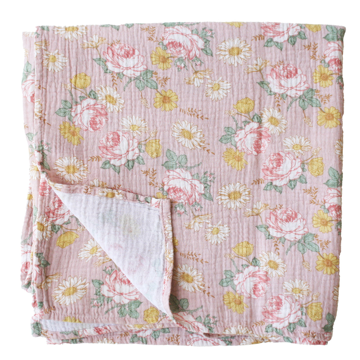 Light pink muslin swaddle with a floral pattern of roses and daisies, folded to show textured fabric and soft white.