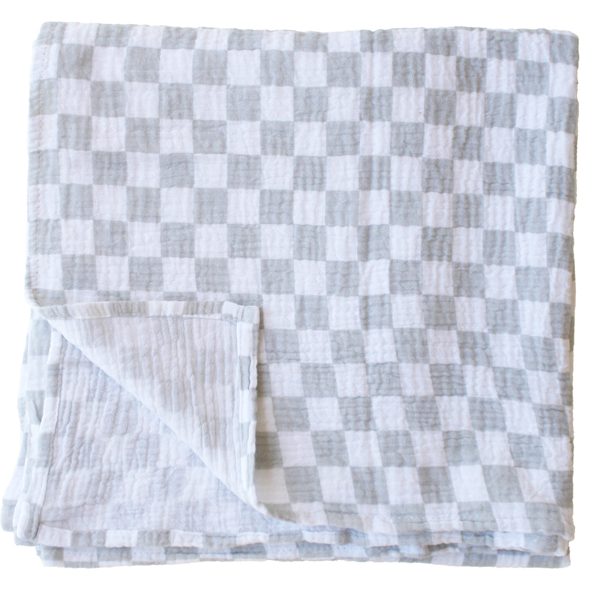 Dove grey and white muslin swaddle with a soft checkered pattern, lightweight and breathable fabric.