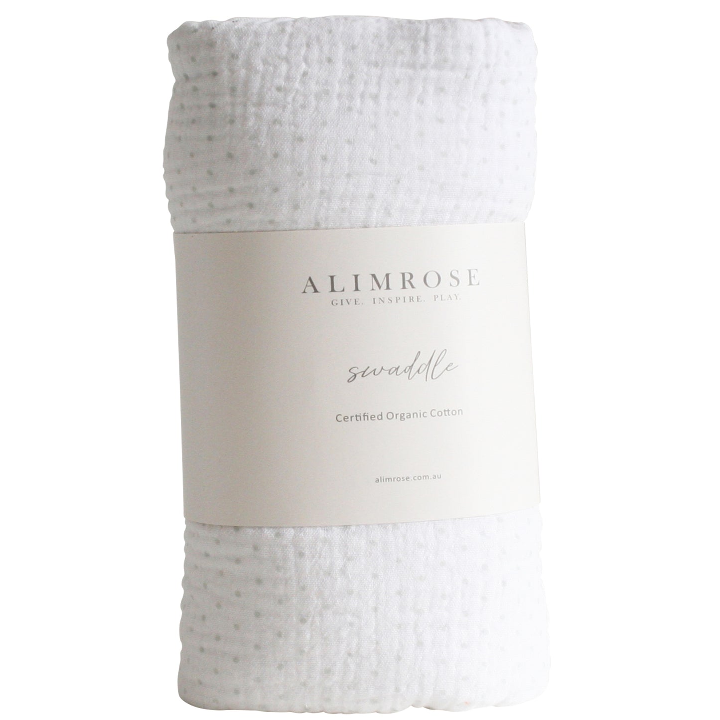 Alimrose Muslin Swaddle in grey spot print, made from soft organic cotton for babies, ideal for comfort and snuggles.