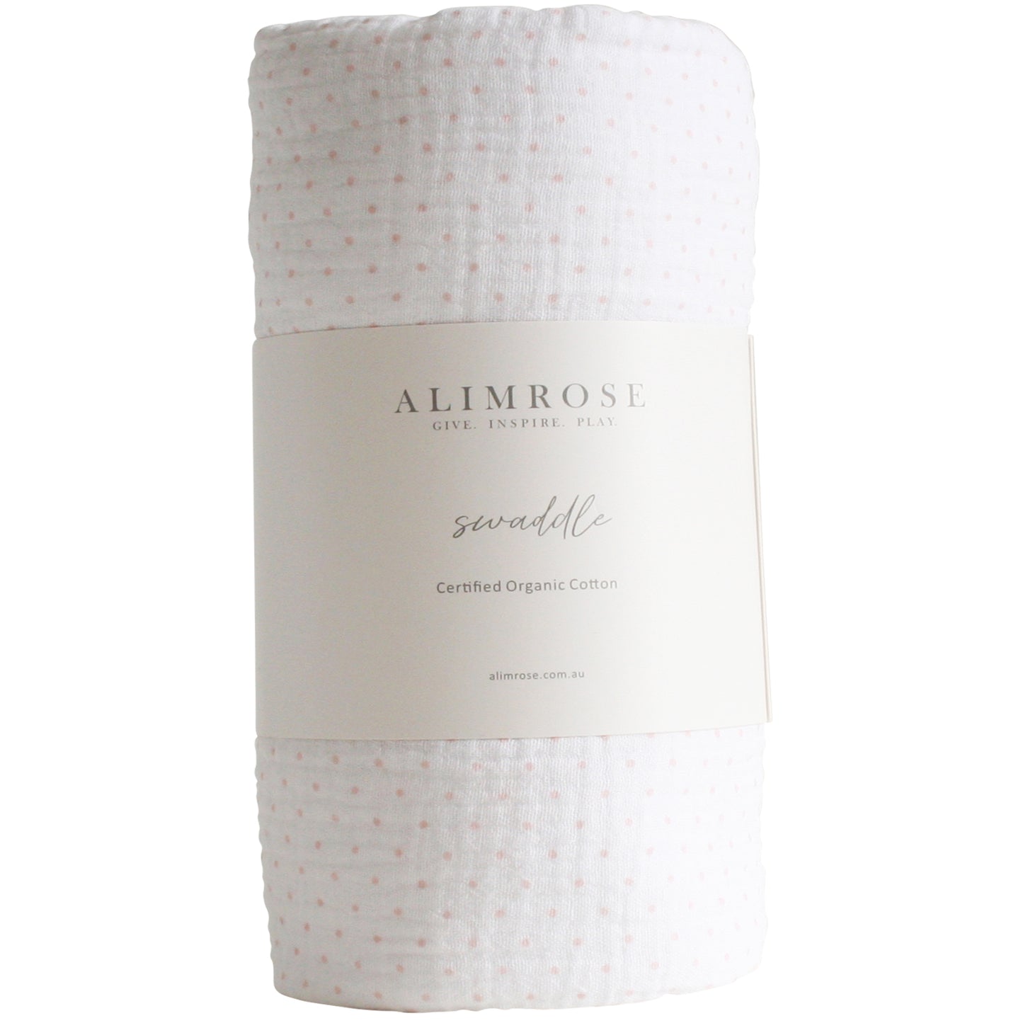 Alimrose Muslin Swaddle in pink dot print, made from soft organic cotton, perfect for wrapping newborns in comfort.