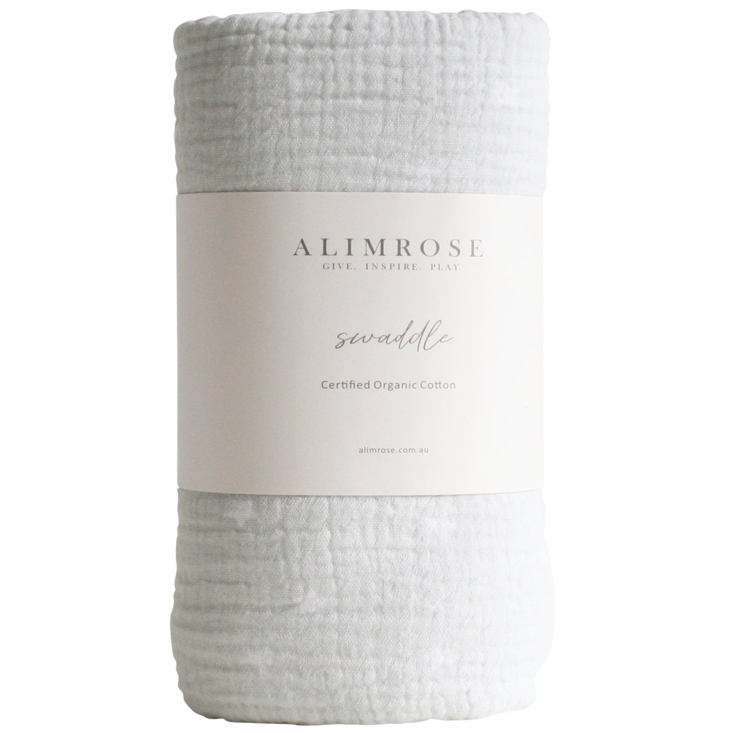 Light grey muslin swaddle with soft texture, wrapped with a white Alimrose label.