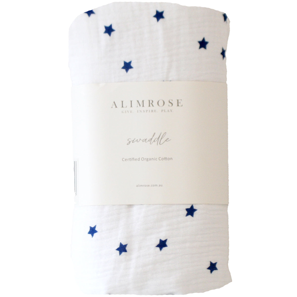 White muslin swaddle with scattered navy blue star pattern and Alimrose label wrap.
