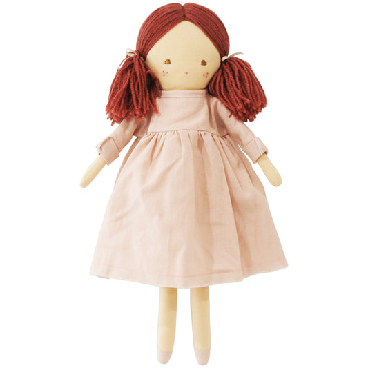 Matilda 45cm doll with red yarn hair and pink linen dress, perfect for kids aged 3 and up, featuring removable dress and embroidered face.