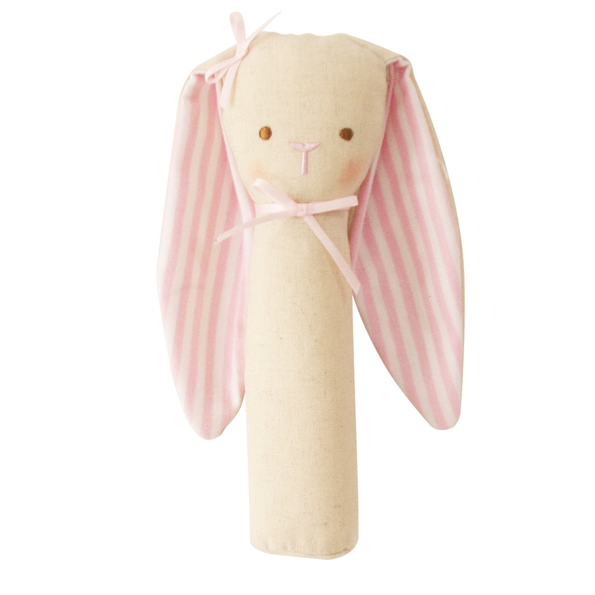 Bunny rattle and squeaker toy in pink linen with striped ears, perfect for babies to develop grasp reflex.