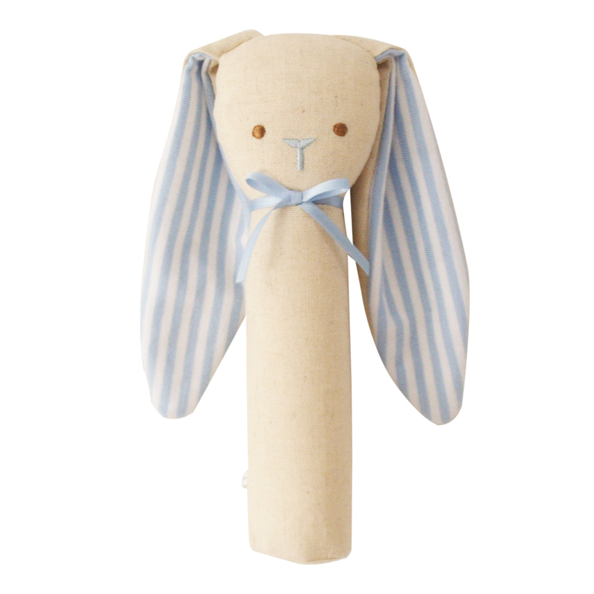 Linen blue bunny rattle and squeaker toy for babies, perfect for grasp reflex and sensory play.