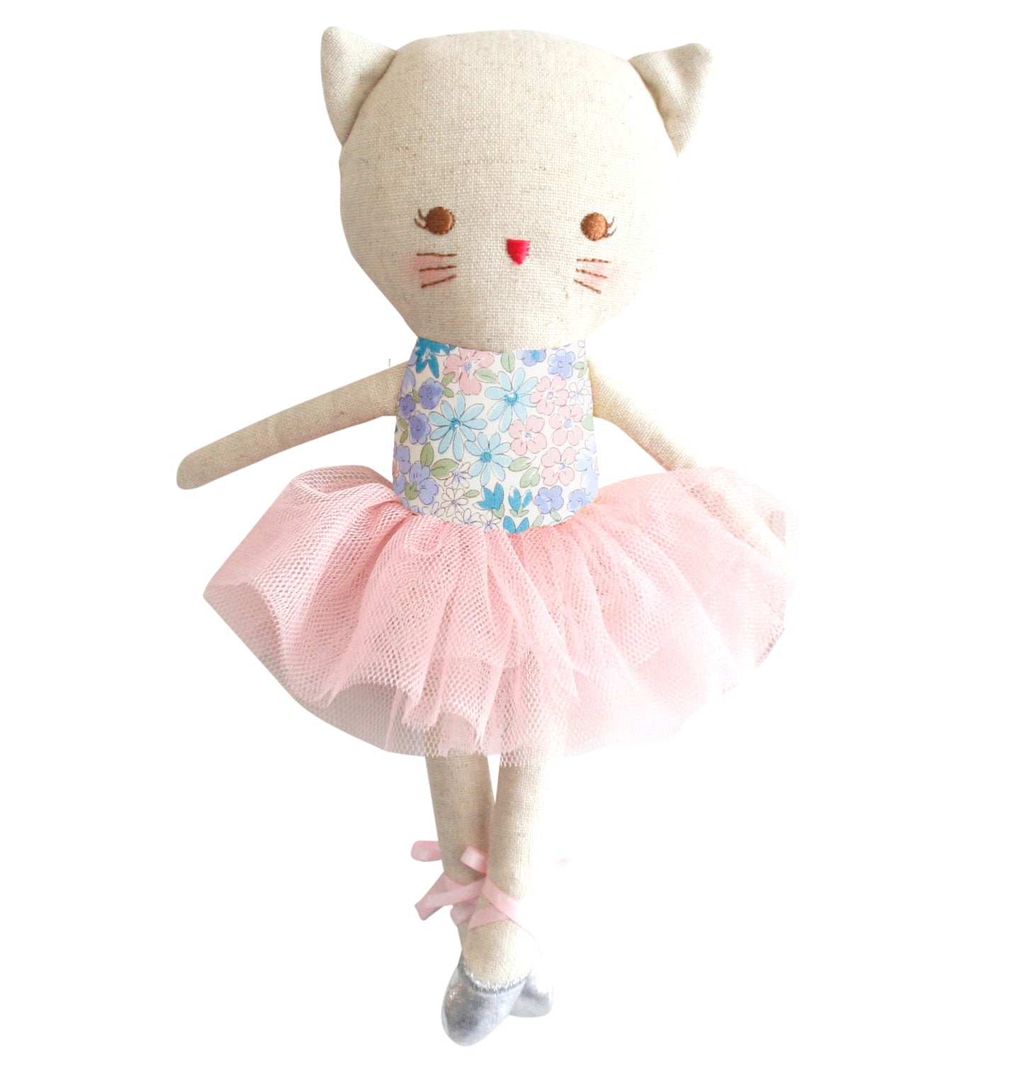 Odette Kitty Ballerina doll in linen with soft pink tulle tutu and embroidered face, suitable for ages 3 months and up.