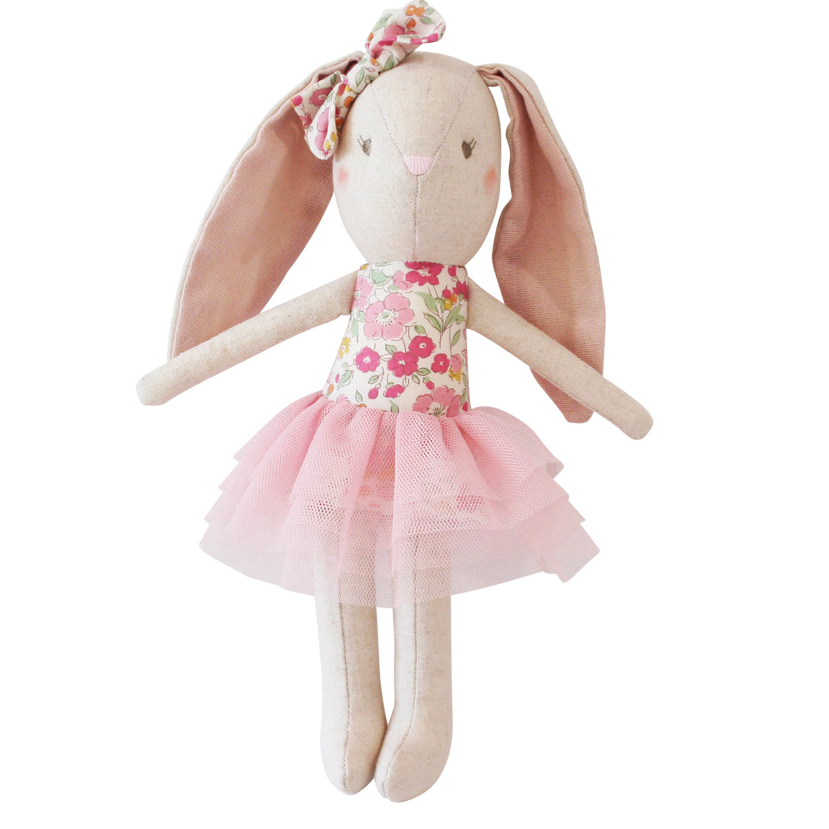 Baby Pearl Bunny 26cm blush linen bunny doll with floral bodice and tulle tutu, perfect for children 18 months and up.