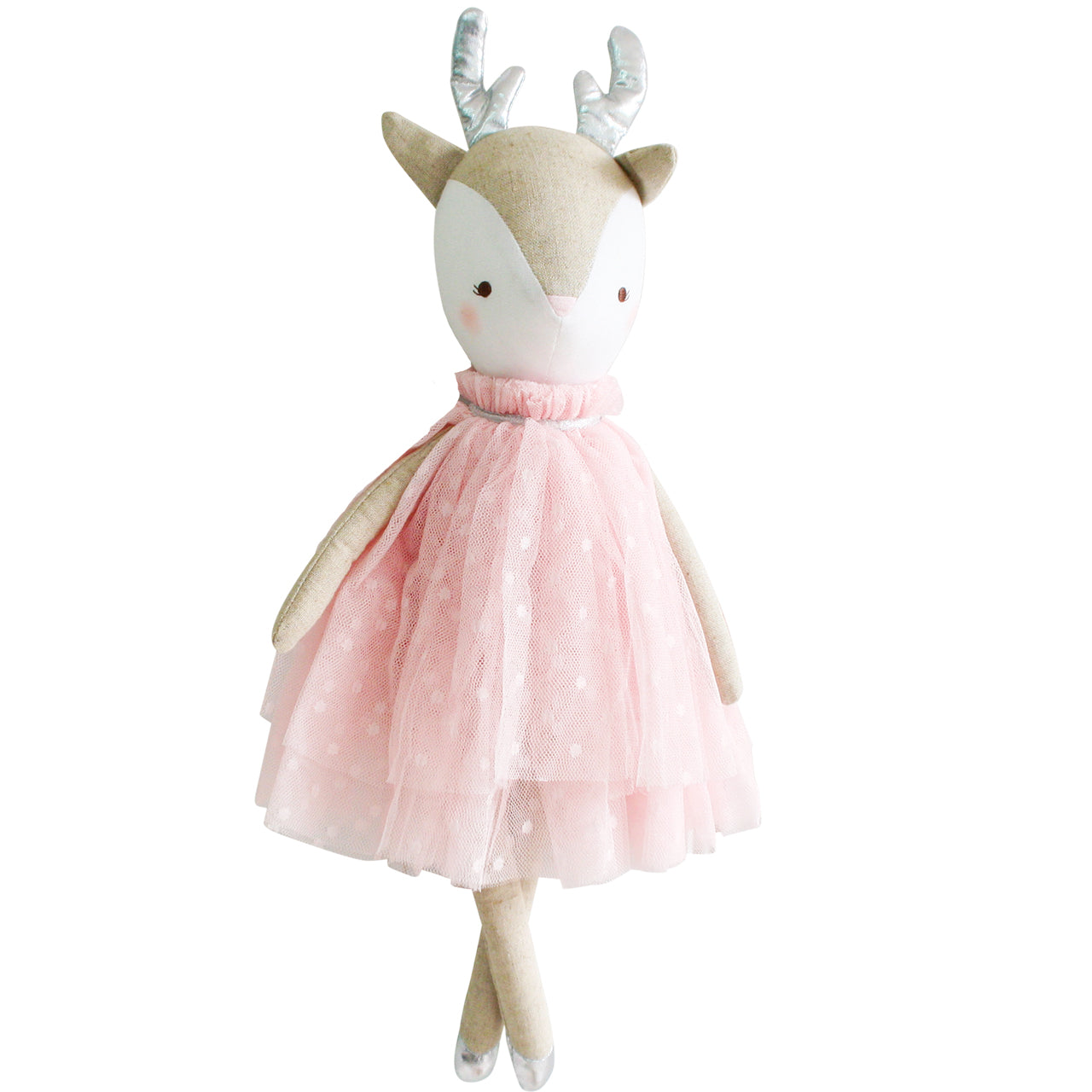 Plush beige deer doll wearing a pink tulle dress with white polka dots and antlers.