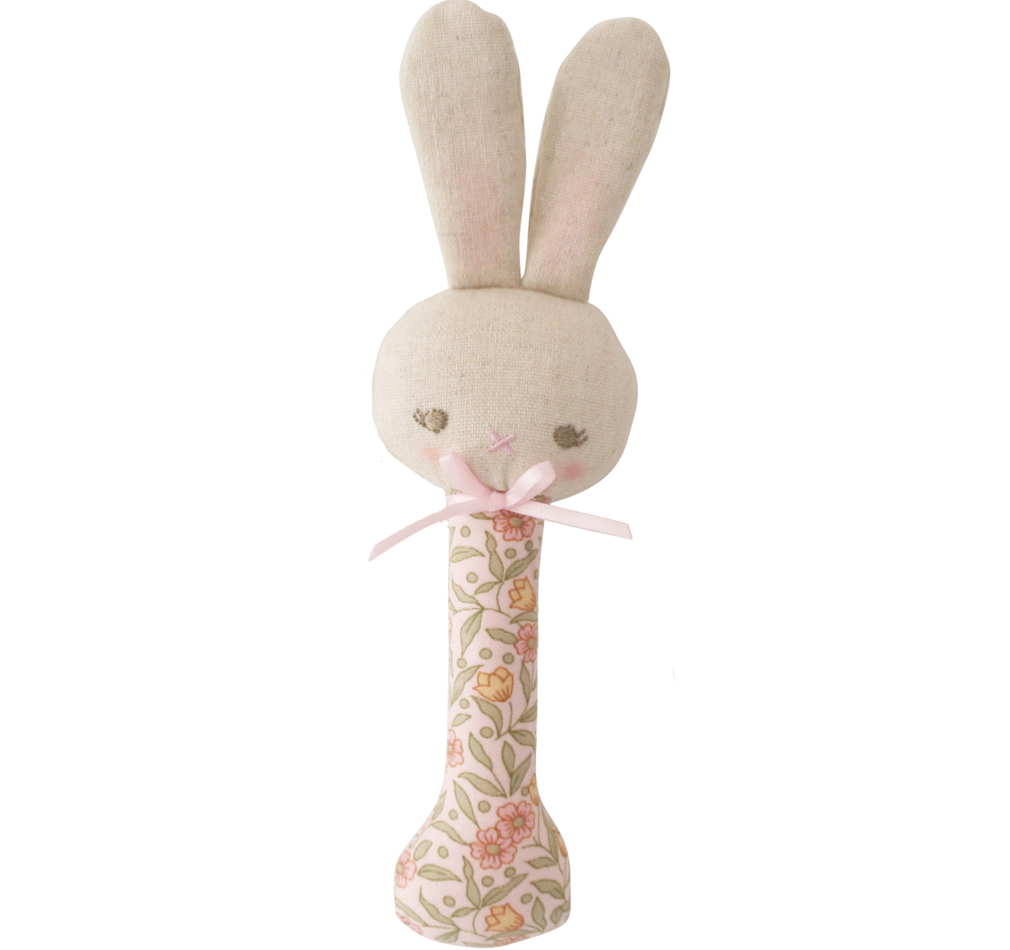 Adorable Baby Bunny Stick Rattle in pink and floral design, lightweight and safe for tiny hands, perfect for newborns.