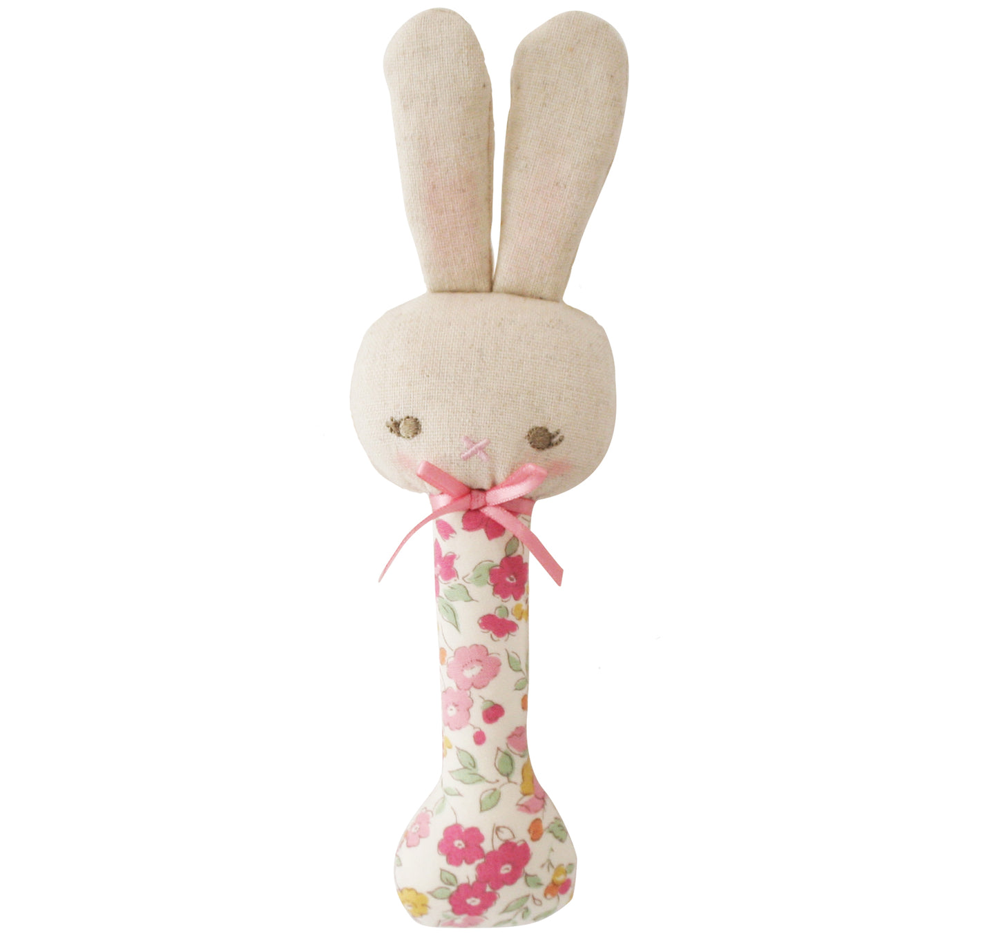 Baby Bunny Stick Rattle in rose garden design, lightweight and safe for infants, ideal first rattle.