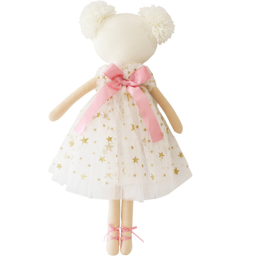 Pom Pom Doll Luna, 48cm, Ivory with gold star tulle dress and pink bow, perfect for kids aged 3 years and up.