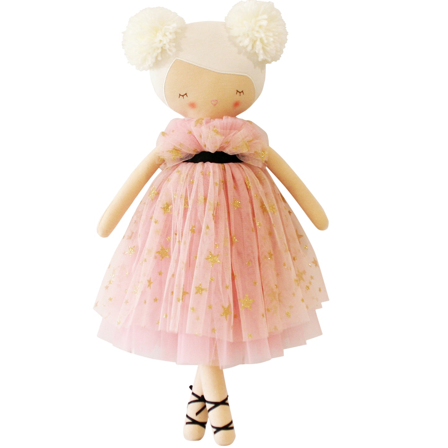 Alimrose Halle Ballerina Doll 48cm in pink tulle dress with gold stars and pom-pom yarn hair for children’s playtime.