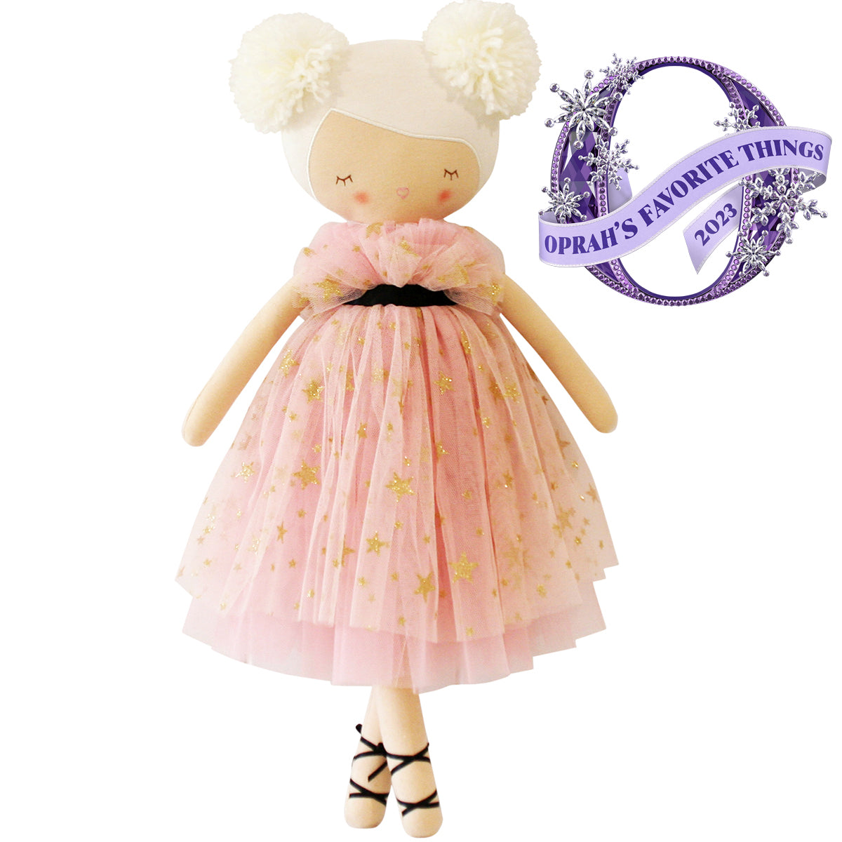 Alimrose Halle Ballerina Doll in pink tulle dress with gold stars and pom-pom yarn hair, featured in Oprah's Favorite Things 2023.