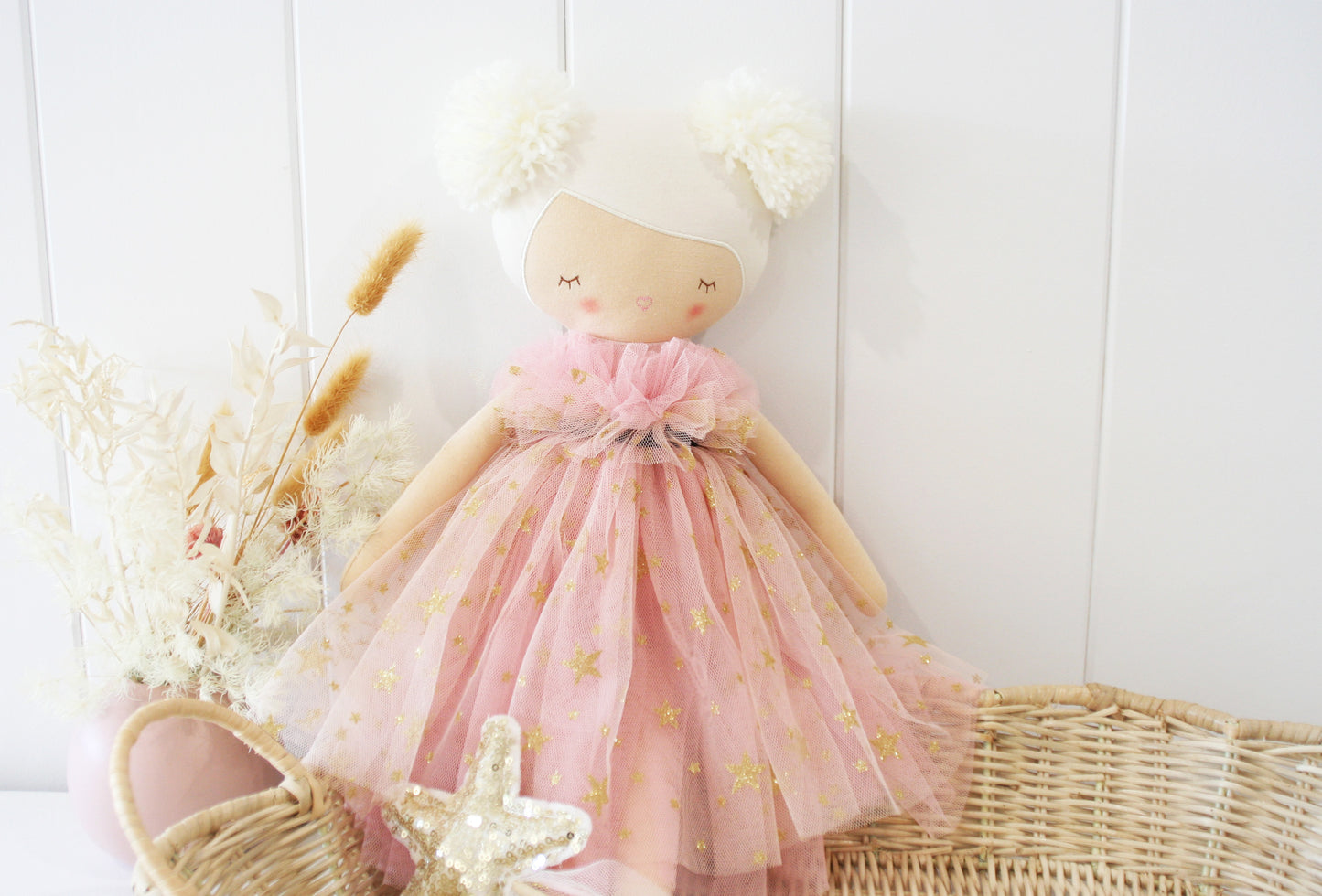 Adorable Alimrose Halle Ballerina Doll in pink tulle dress with gold stars, handcrafted and perfect for imaginative play.