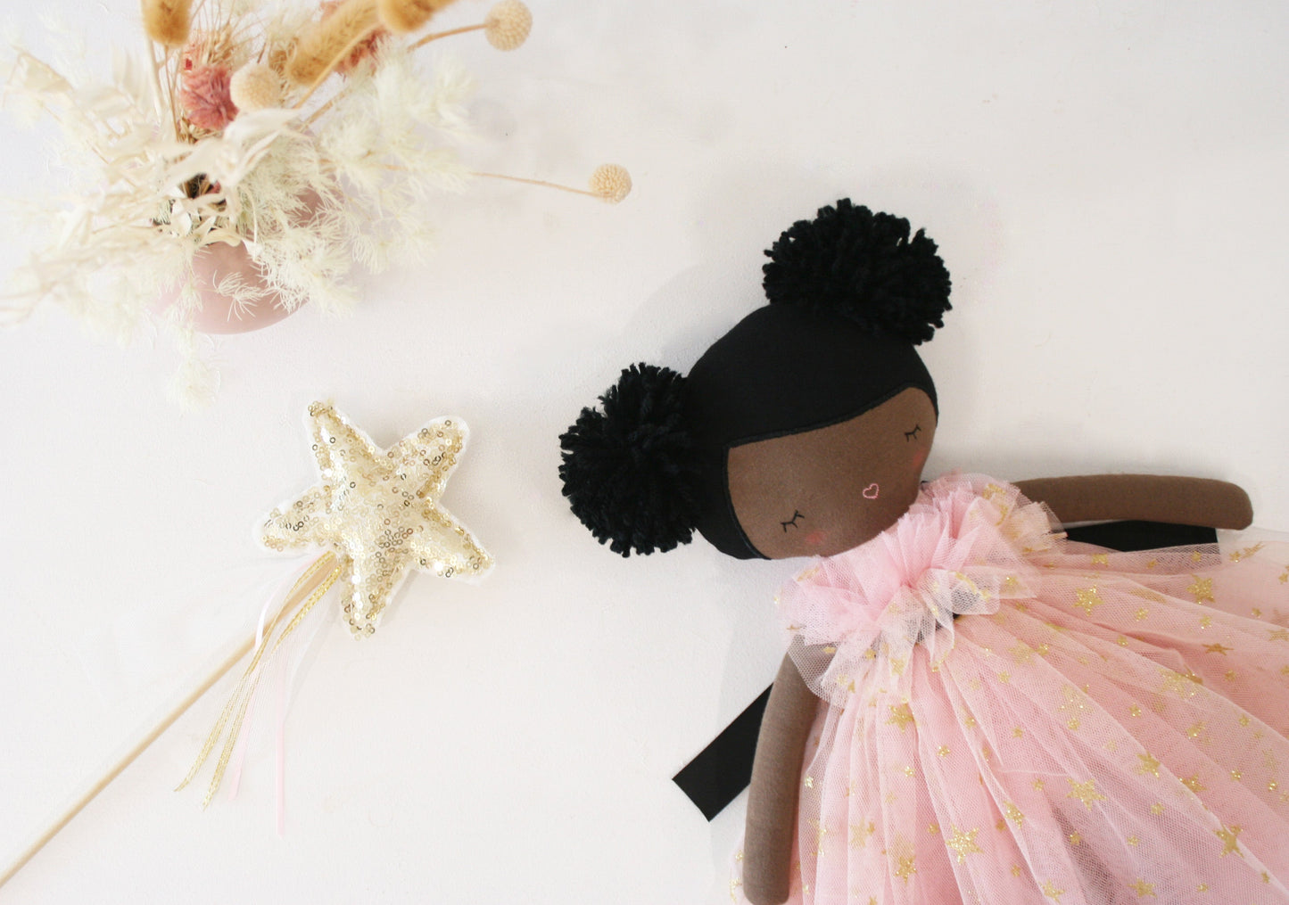 Alimrose Halle Ballerina Doll in pink tulle dress with star wand and floral decor, handcrafted by artisans from The Philippines.