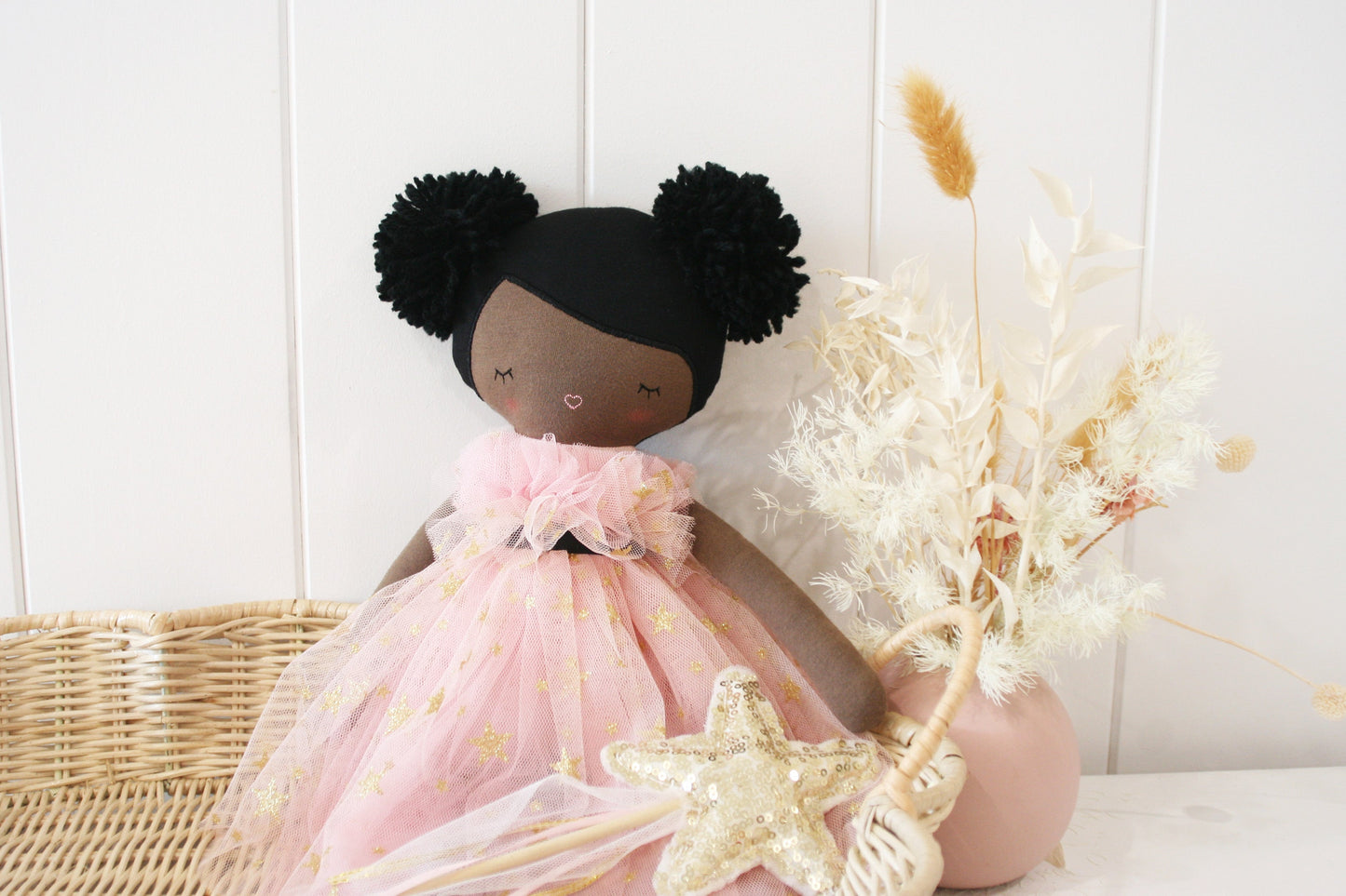 Alimrose Halle Ballerina Doll 48cm in pink tulle dress with pom-pom hairstyle, perfect for imaginative play.