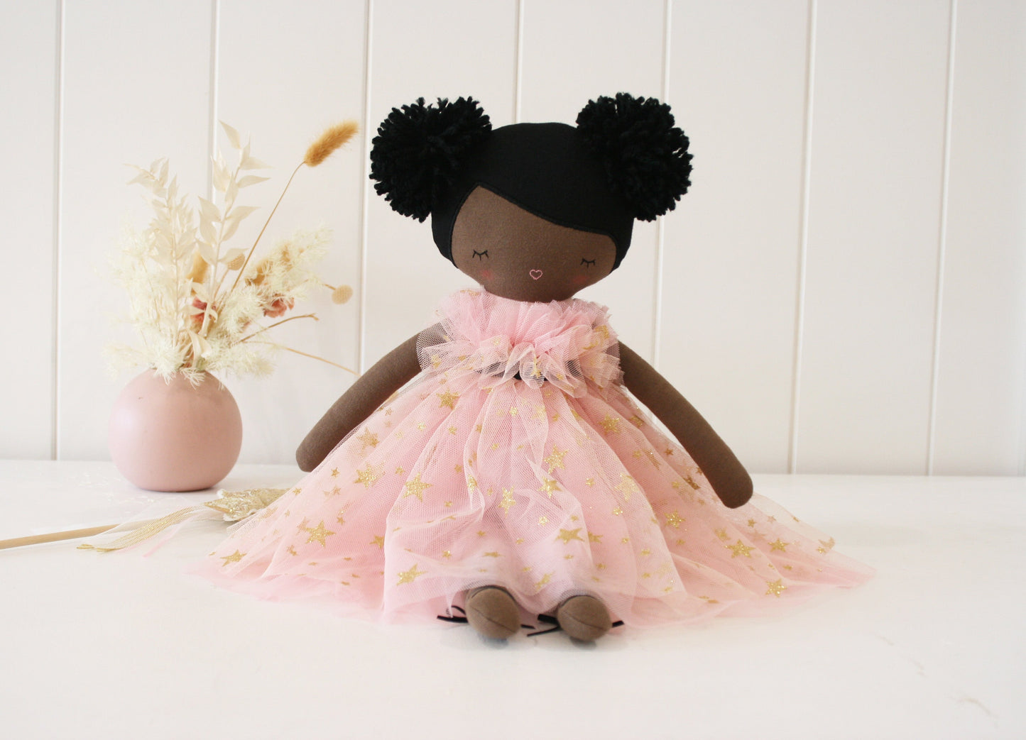 Alimrose Halle Ballerina Doll 48cm in pink dress with gold stars, handcrafted with care, featuring pom-pom yarn hair.