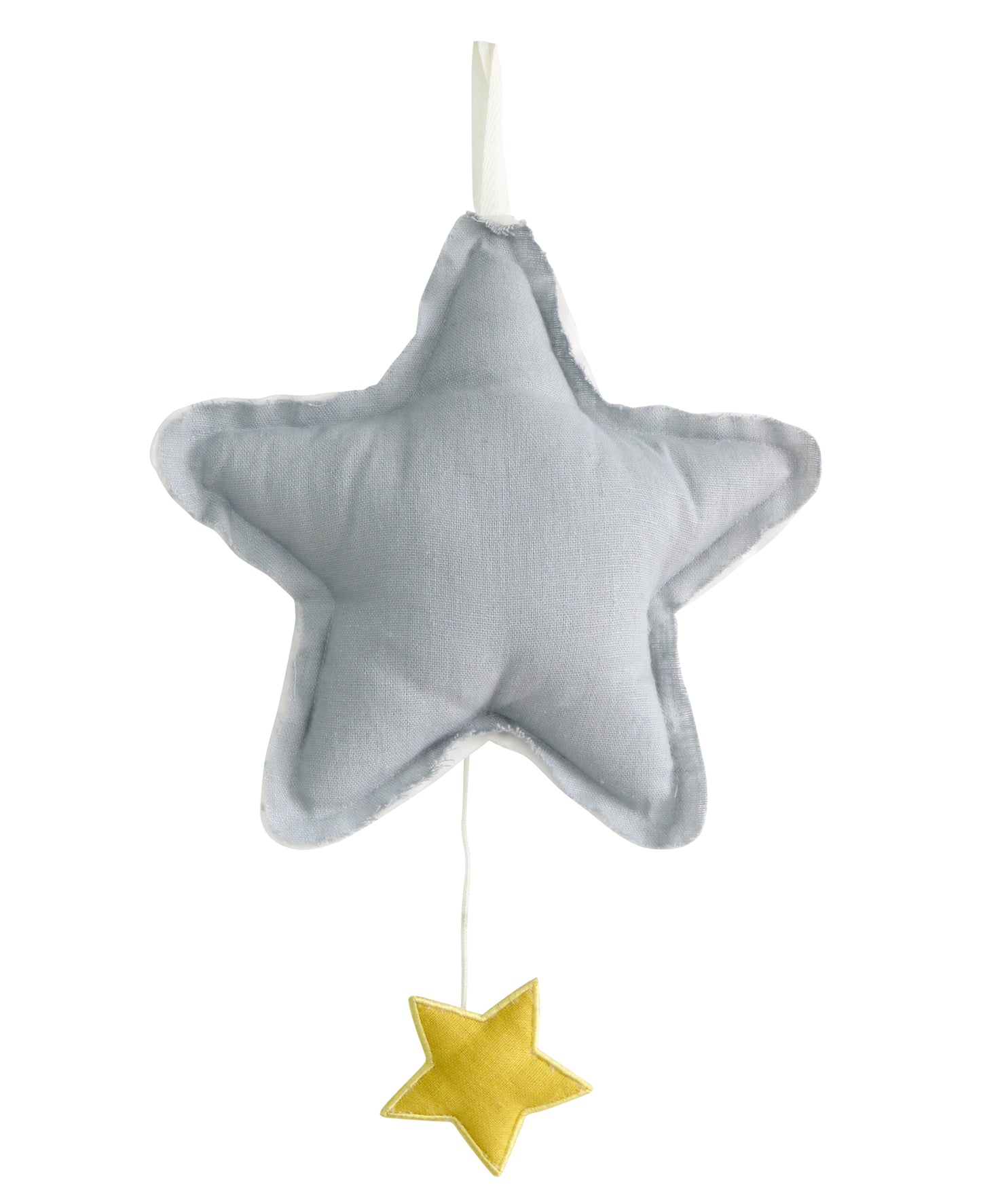 Grey linen star-shaped musical toy with small yellow star hanging below and white loop for hanging.
