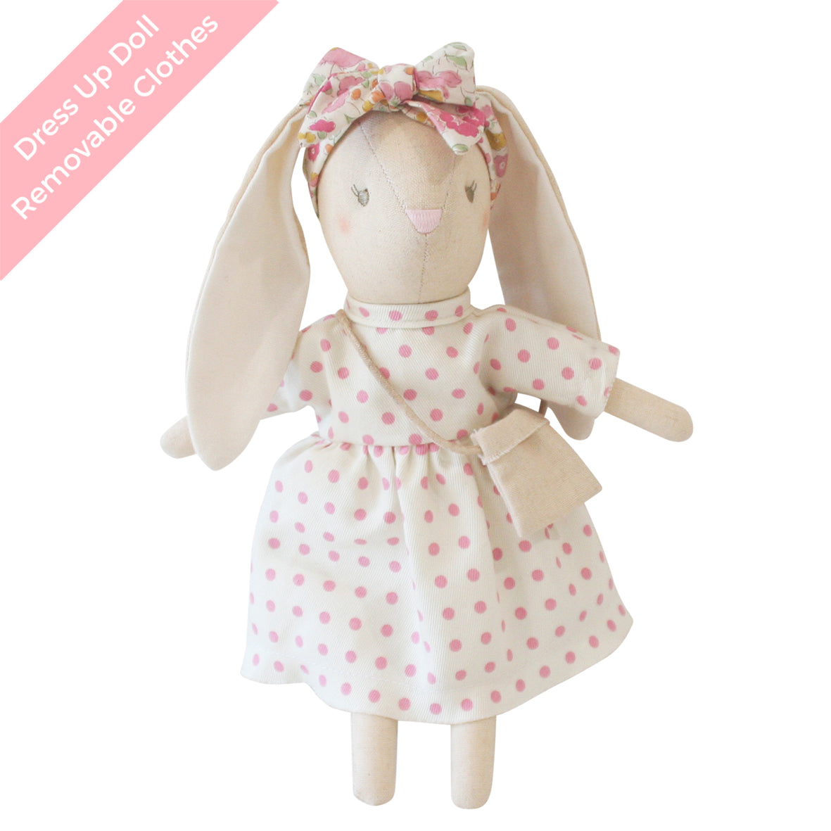 Mini Sofia Bunny doll in a polka dot dress and headband, featuring removable clothes and a stylish cross-body bag.