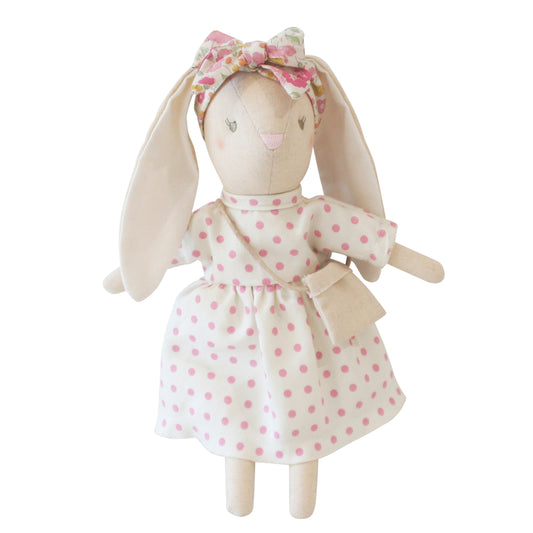 Alimrose Mini Sofia Bunny in a pink polka dot dress with a headband and cross-body bag, perfect for kids.