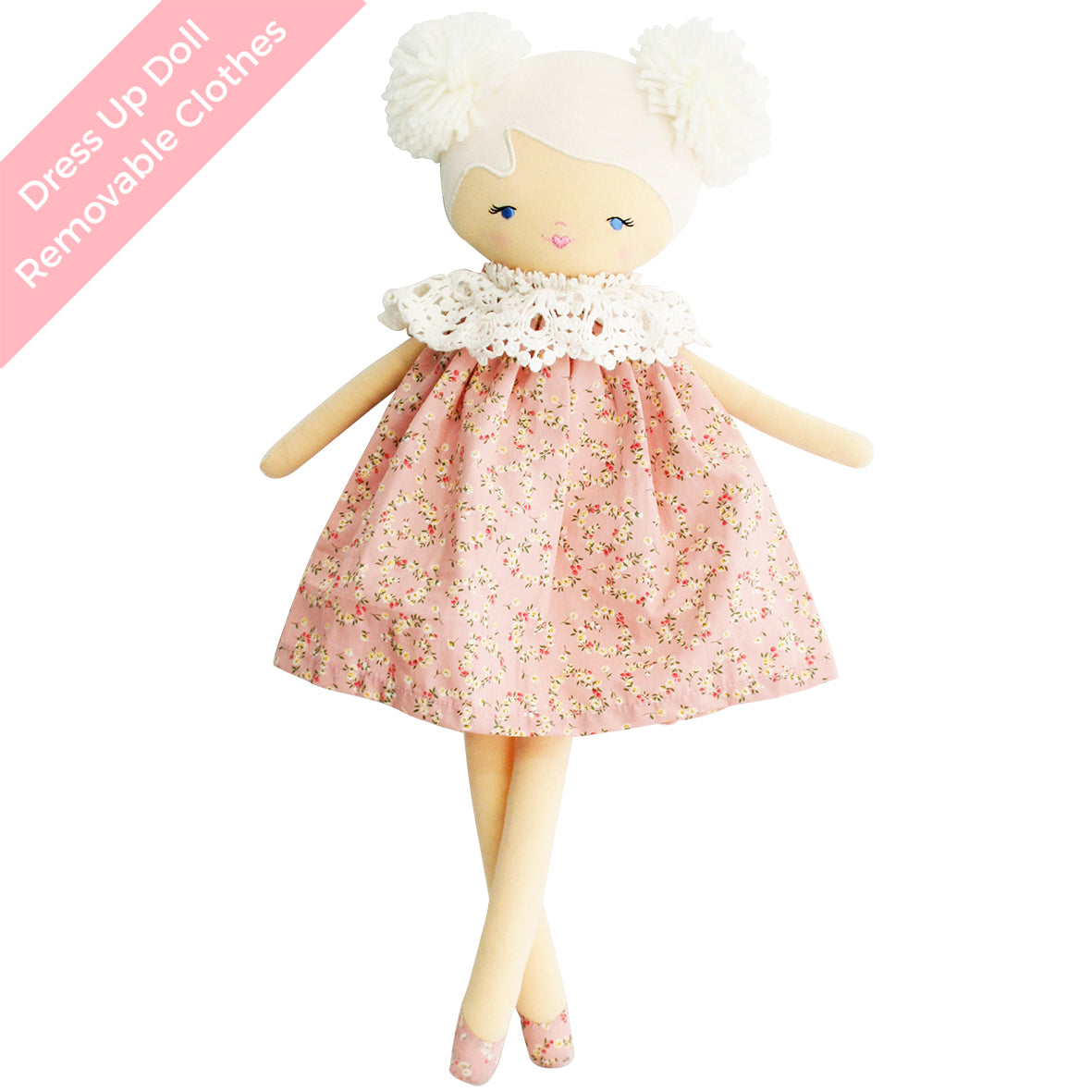 Handcrafted dress-up doll with removable clothes and floral pink dress, featuring adorable embroidered face.